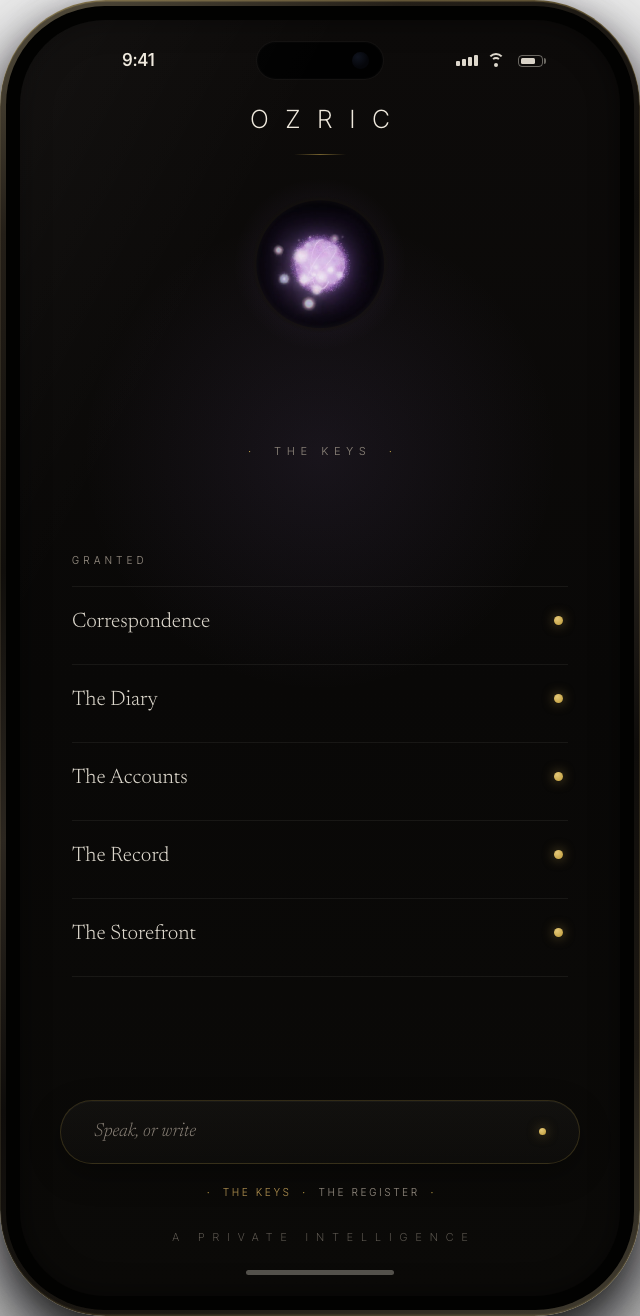 OZRIC on iPhone — the keys: the capabilities granted to the house.