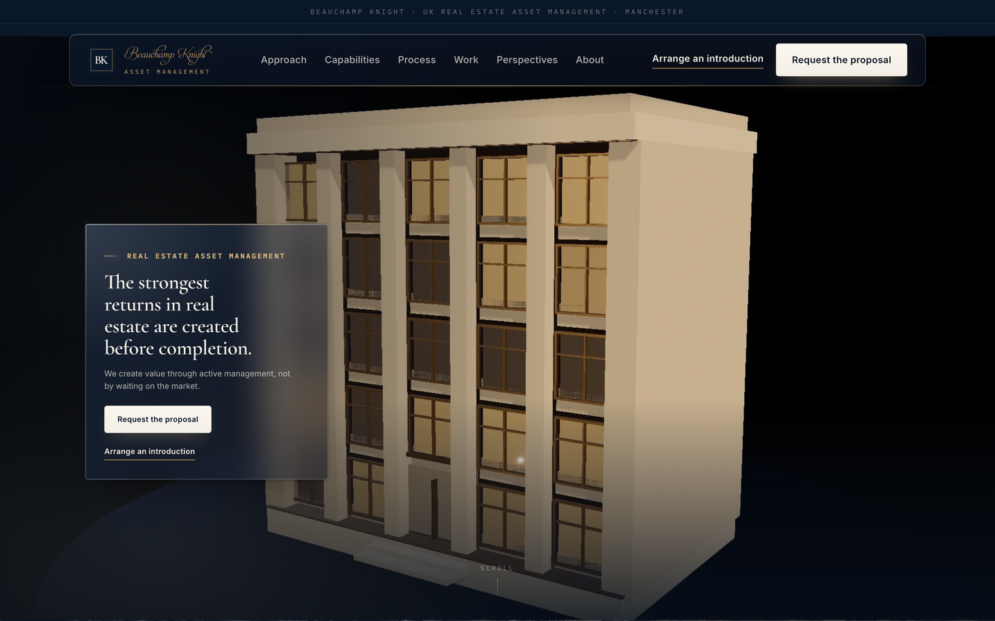 Beauchamp Knight homepage — deep navy composition with a real-time 3D rendered stone building glowing warm from within, glassmorphic navigation bar with Approach, Capabilities, Process, Work, Perspectives and About, and a hero panel reading 'The strongest returns in real estate are created before completion.'