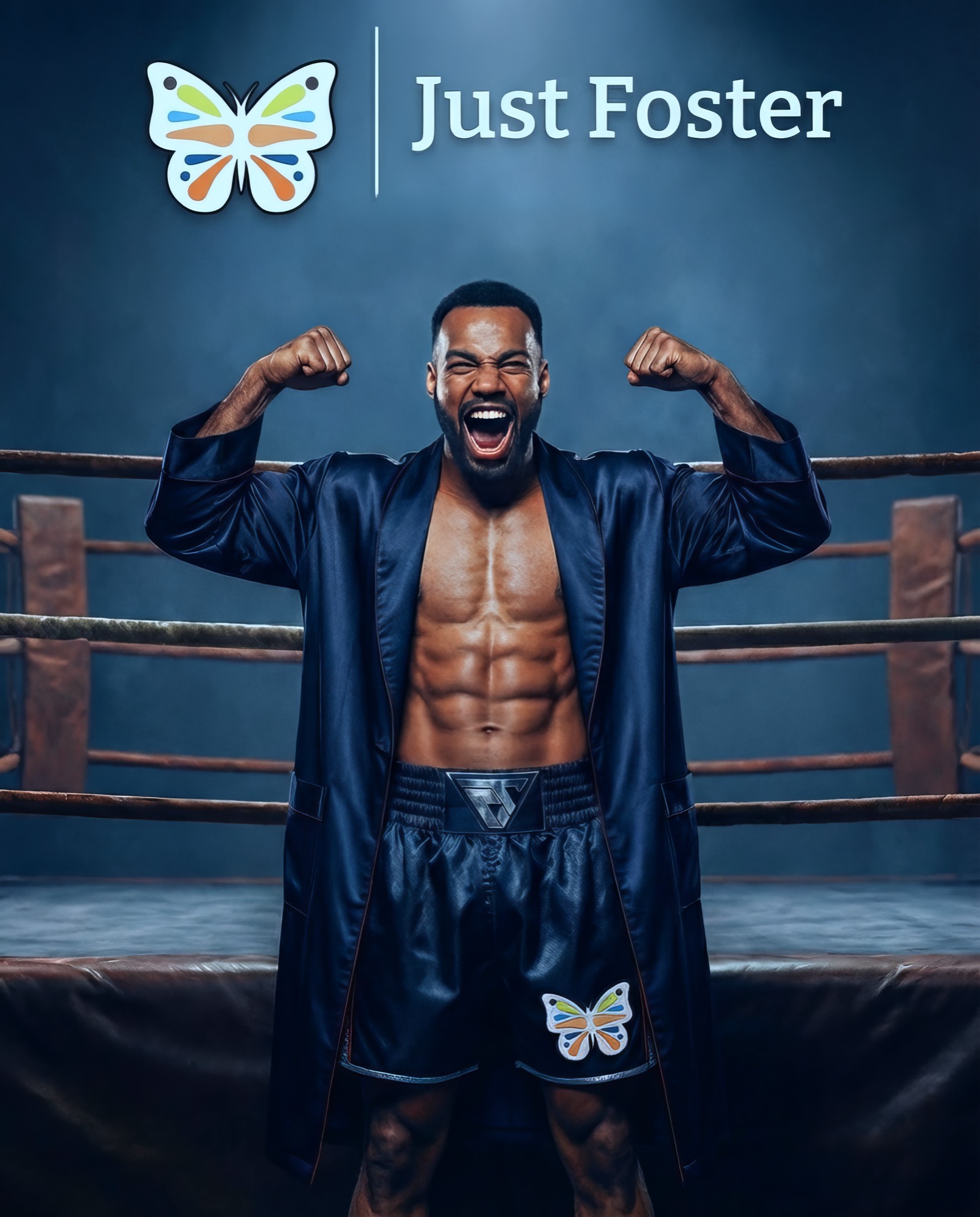 Conner Tudsbury, professional boxer and Just Foster ambassador, in a navy boxing robe and shorts inside a dimly lit blue-rope ring, fists raised in a triumphant pose. Just Foster butterfly mark and wordmark sit top-left. The image was produced end-to-end by OZRIC and ran as an image ad in Just Foster's Meta campaign.