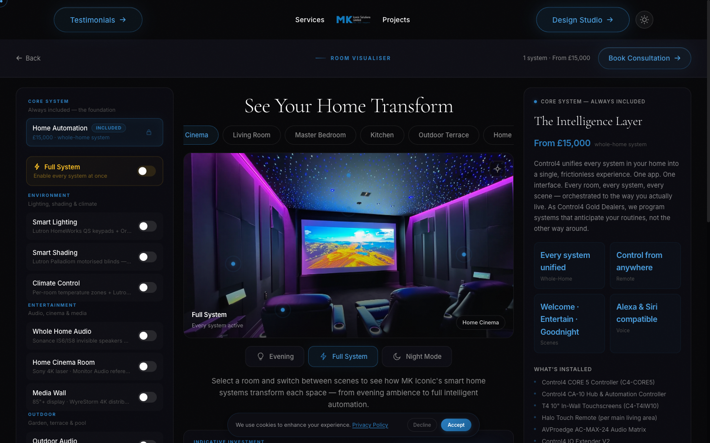 MK Iconic Solutions Design Studio — interactive room visualiser configuring a full smart-home system, with cinema room rendered live and right-side spec panel showing the £15,000 indicative investment, every Control4 component named.