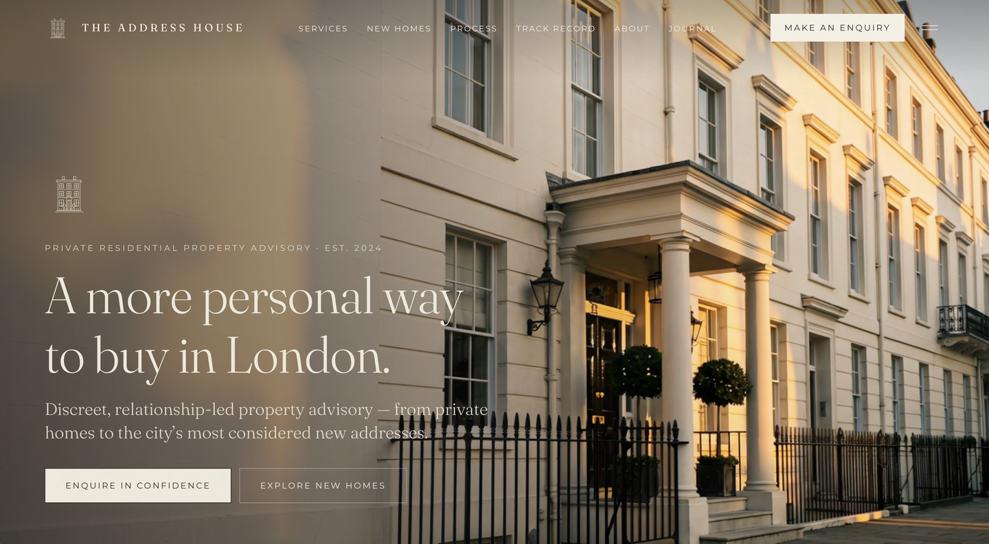 The Address House homepage — golden-hour photograph of a white stucco Belgravia terrace behind black railings, serif headline 'A more personal way to buy in London', eyebrow 'Private residential property advisory · Est. 2024', and two CTAs: Enquire in Confidence and Explore New Homes.